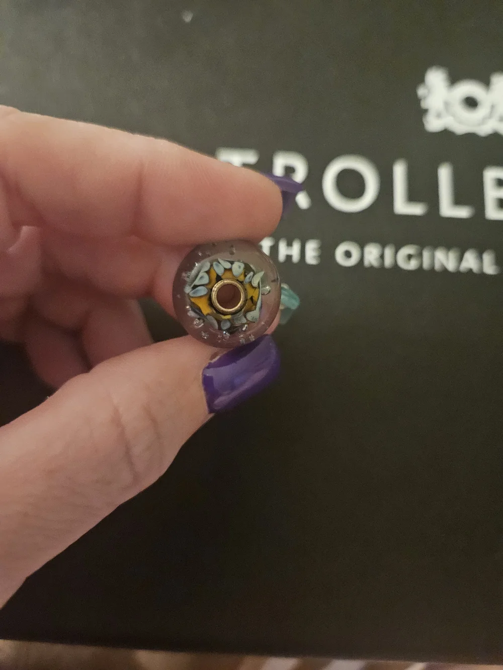 Trollbeads Glass Mosaic Bead in Blue, Gold & Black Unique JUMBO bead